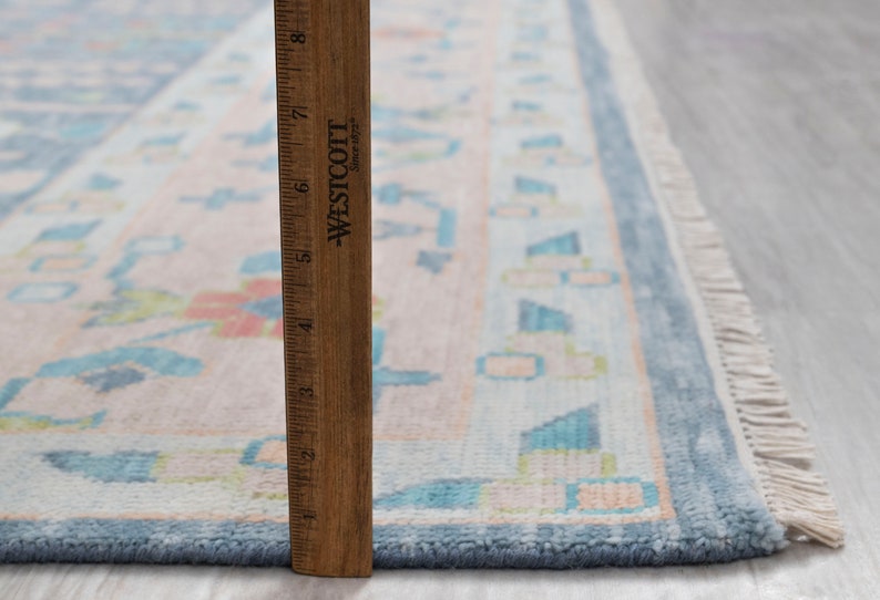 Hand Knotted Oushak Wool Rug, Blue Blush Floral Area Rug
