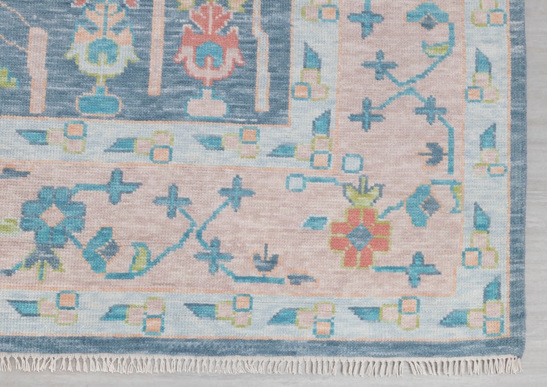 Hand Knotted Oushak Wool Rug, Blue Blush Floral Area Rug