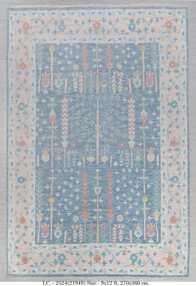 Hand Knotted Oushak Wool Rug, Blue Blush Floral Area Rug
