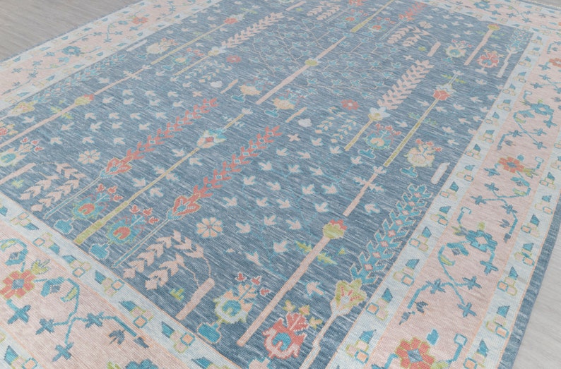 Hand Knotted Oushak Wool Rug, Blue Blush Floral Area Rug