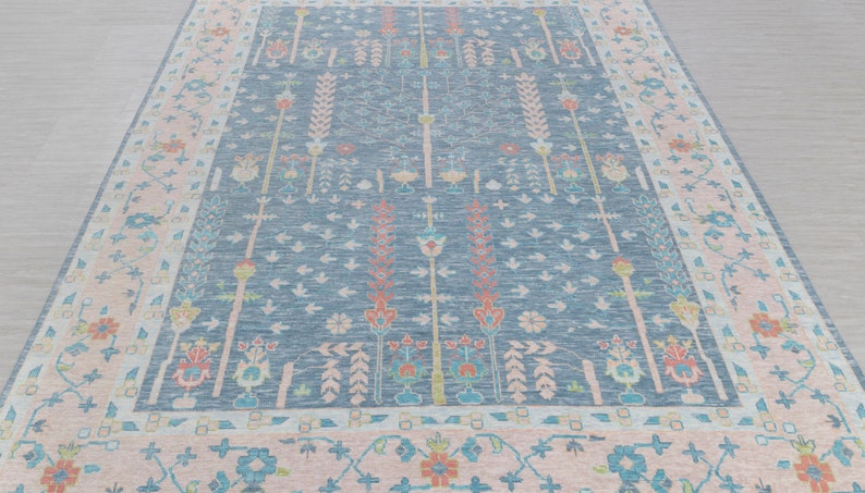 Hand Knotted Oushak Wool Rug, Blue Blush Floral Area Rug