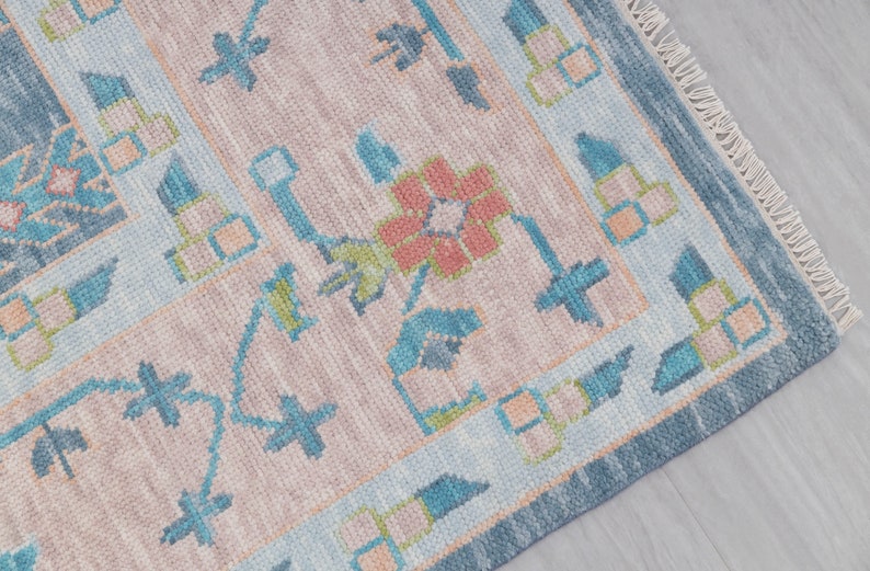 Hand Knotted Oushak Wool Rug, Blue Blush Floral Area Rug