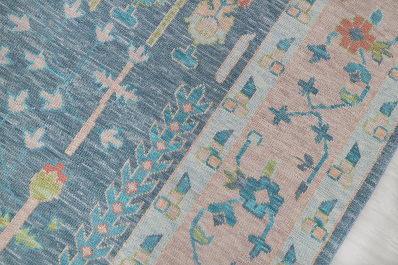 Hand Knotted Oushak Wool Rug, Blue Blush Floral Area Rug