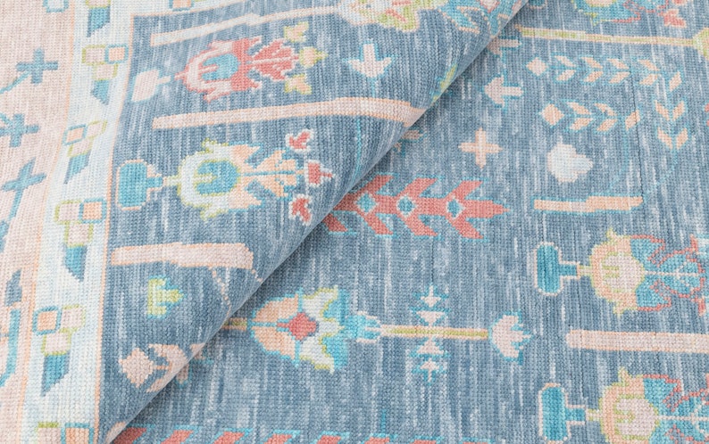 Hand Knotted Oushak Wool Rug, Blue Blush Floral Area Rug