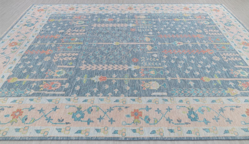 Hand Knotted Oushak Wool Rug, Blue Blush Floral Area Rug