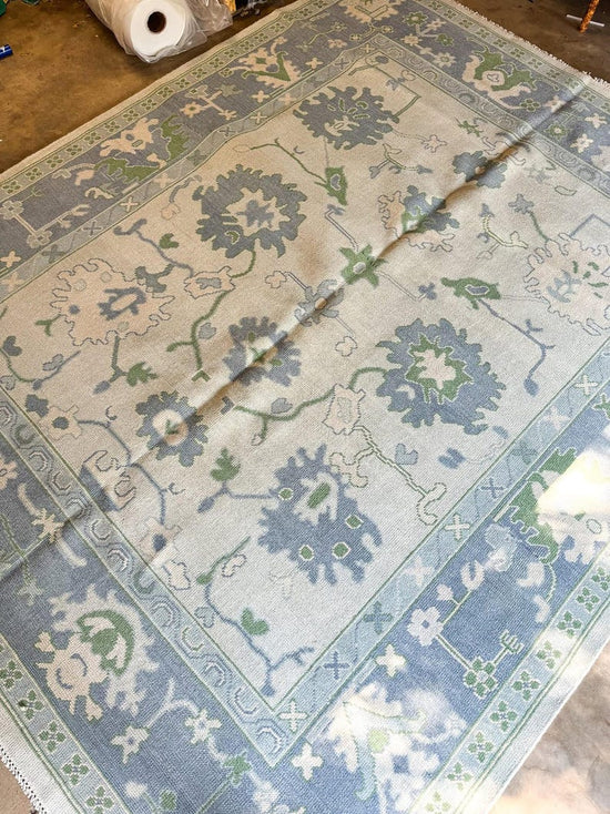 Blue Green Oushak Hand Knotted Wool Rug, 9 × 12 Feet, Handmade Area Rug