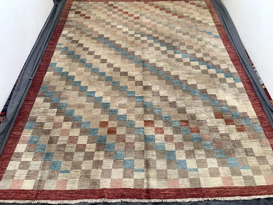 Vintage Geometric Hand Knotted Wool Rug, 9 × 12 Feet, Handmade Area Rug