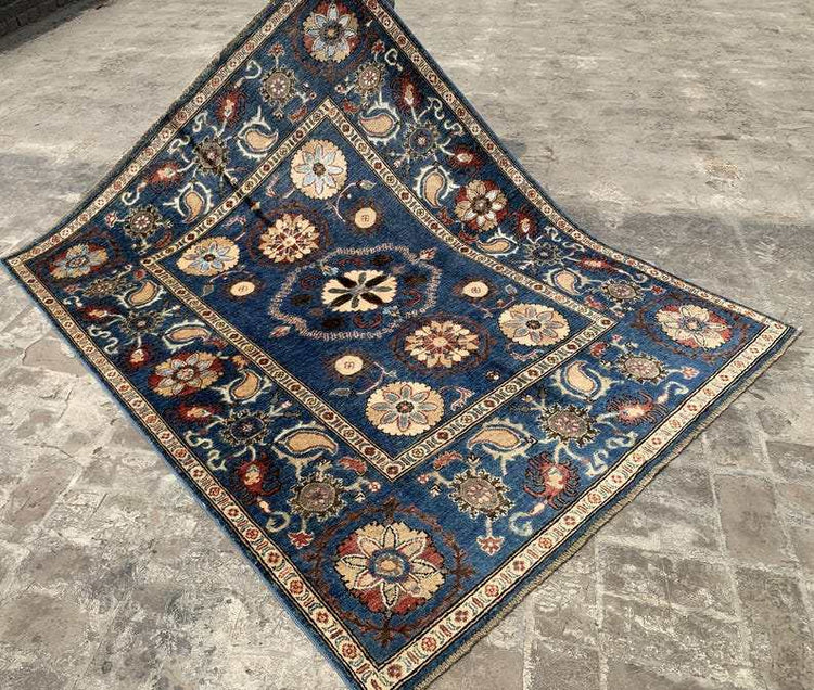 Vintage Oushak Hand Knotted Wool Rug in deep navy blue featuring large floral medallions and intricate botanical patterns with cream and red accents